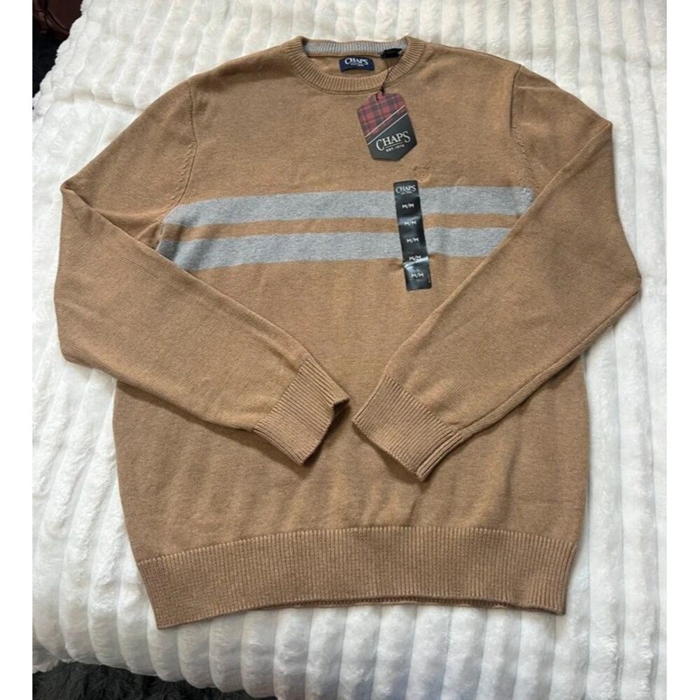NWT Chaps Men's Striped Crewneck Sweater Medium Tan Gray Knit Pullover